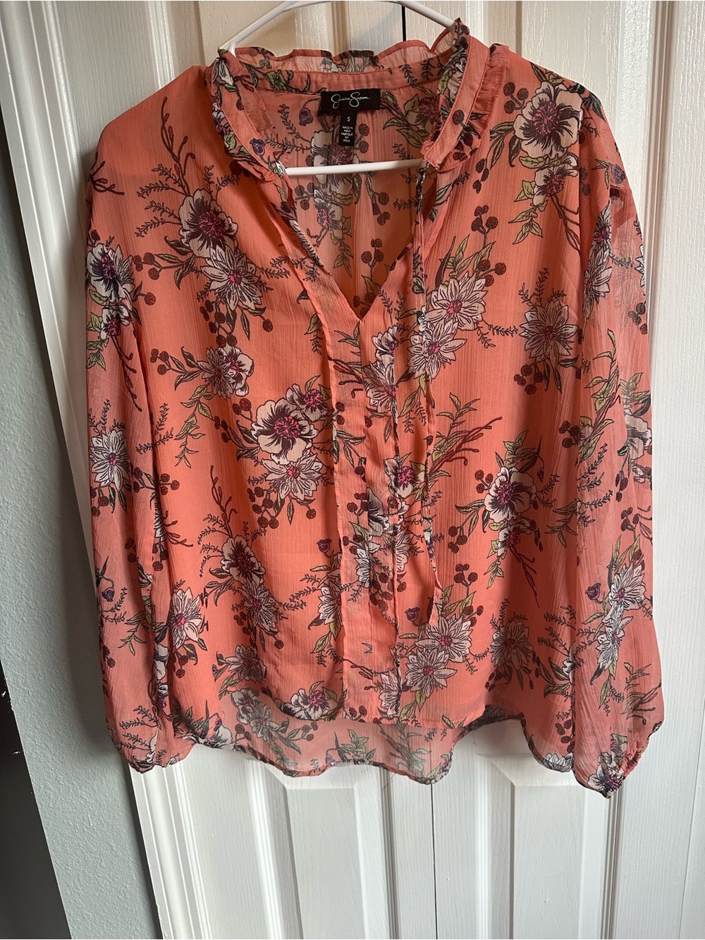 Jessica Simpson Peach Floral Ruffle V-Neck Blouse